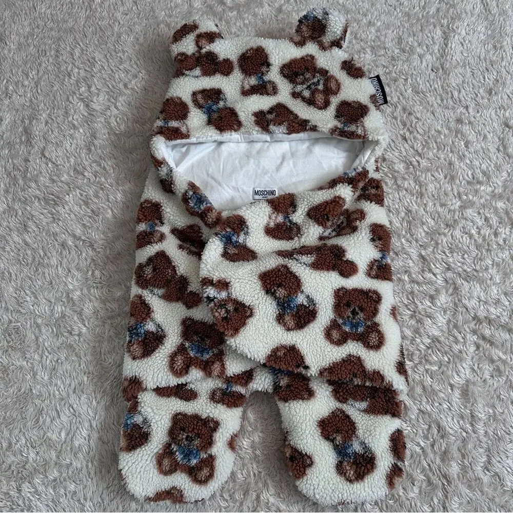Moschino Cozy Teddy Bear Patterned Sherpa Baby Onesie